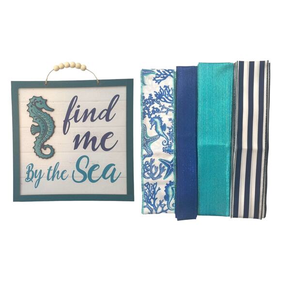 Find Me By the Sea Seahorse Sign Ribbon Summer Beach House Wreath Kit Bundle - Picture 1 of 8